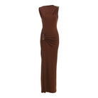 Elegant langry brown strapless maxi dress with ruched side, zipper