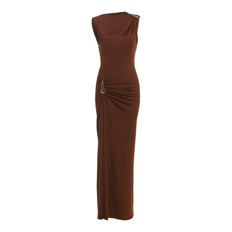 Elegant langry brown strapless maxi dress with ruched side, zipper