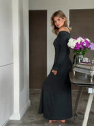 Elegant long black off-shoulder two-piece vest dress in langry fashion ملابس