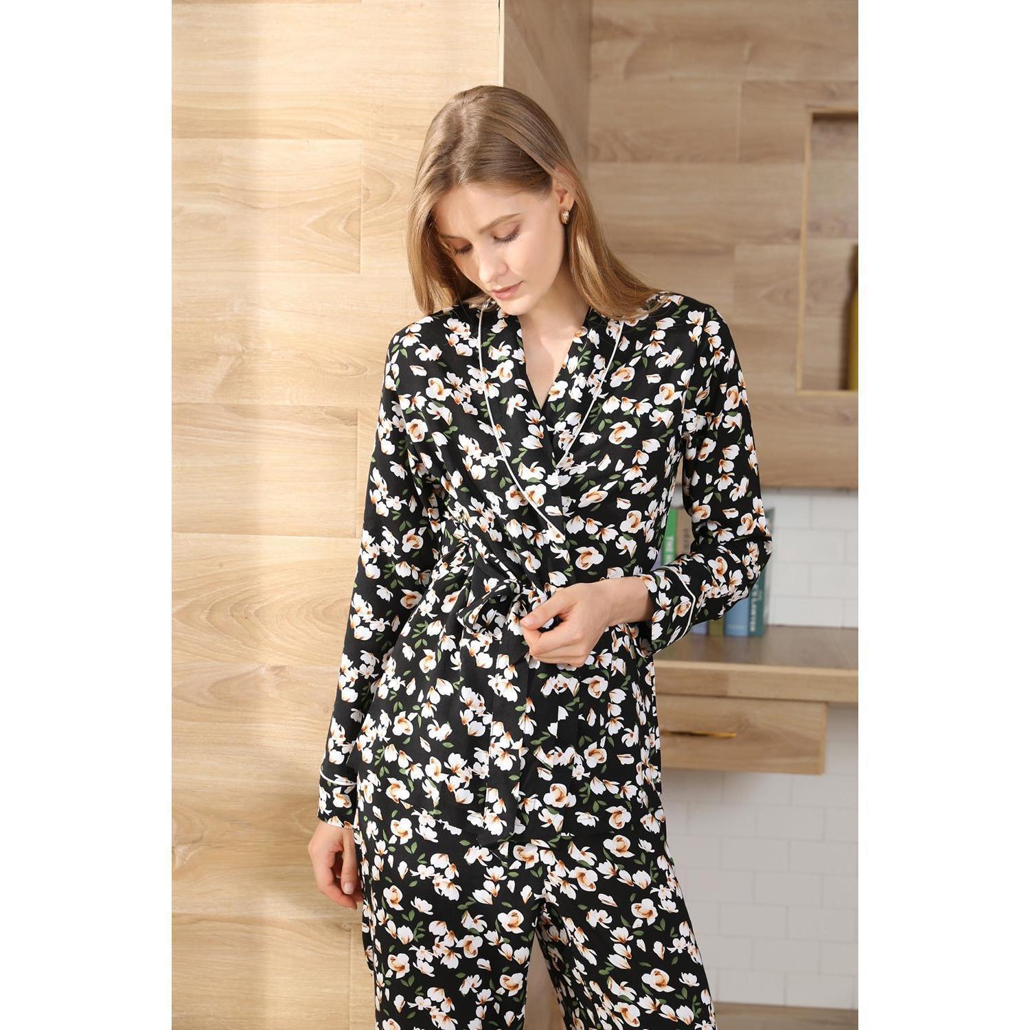 Langry black floral print pajama set with long sleeves and belted waist