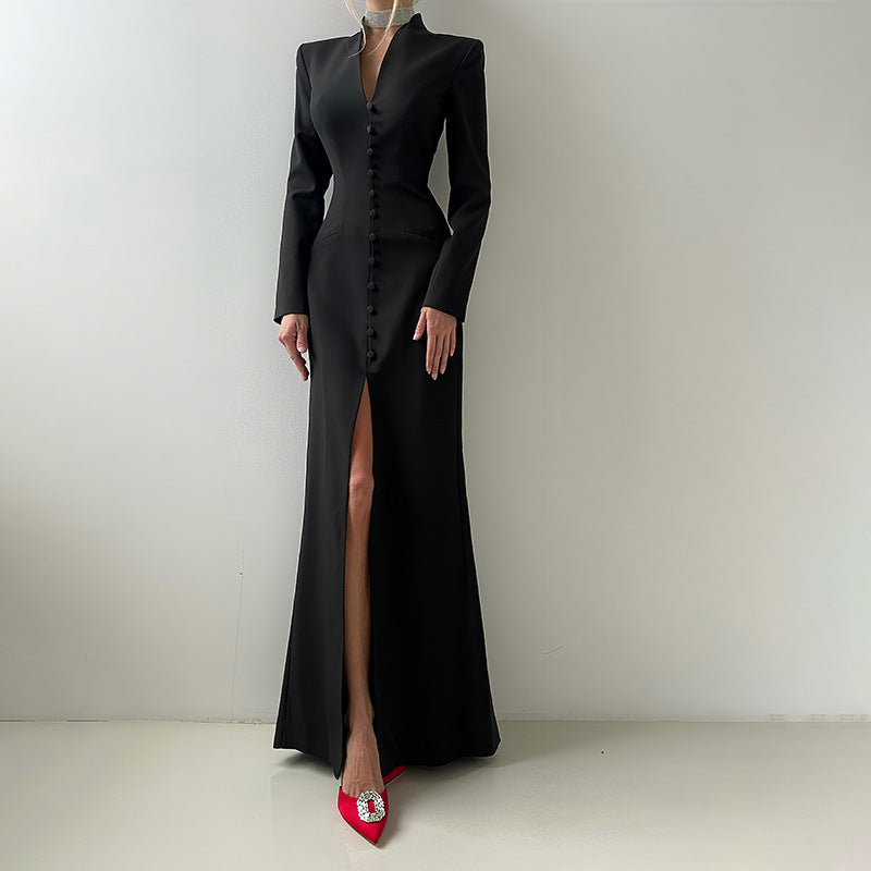 Langry fashion black satin evening gown with high slit, long sleeves, red heels