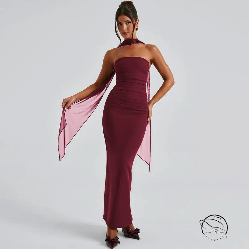 Burgundy strapless langry gown with sheer scarf, gorgeous winter evening fashion dress