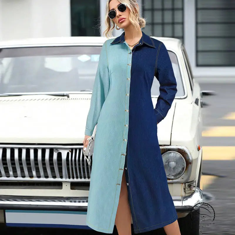 Woman in beautiful denim stitching dress with long sleeves and buttons