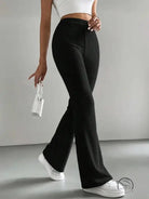 Black ribbed flared casual knitted match pants by Langry