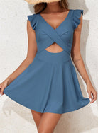 Blue sleeveless mini dress with ruffled shoulders, perfect for summer fashion ملابس