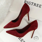 Burgundy suede simple stiletto high heel with gold heel and pointed toe