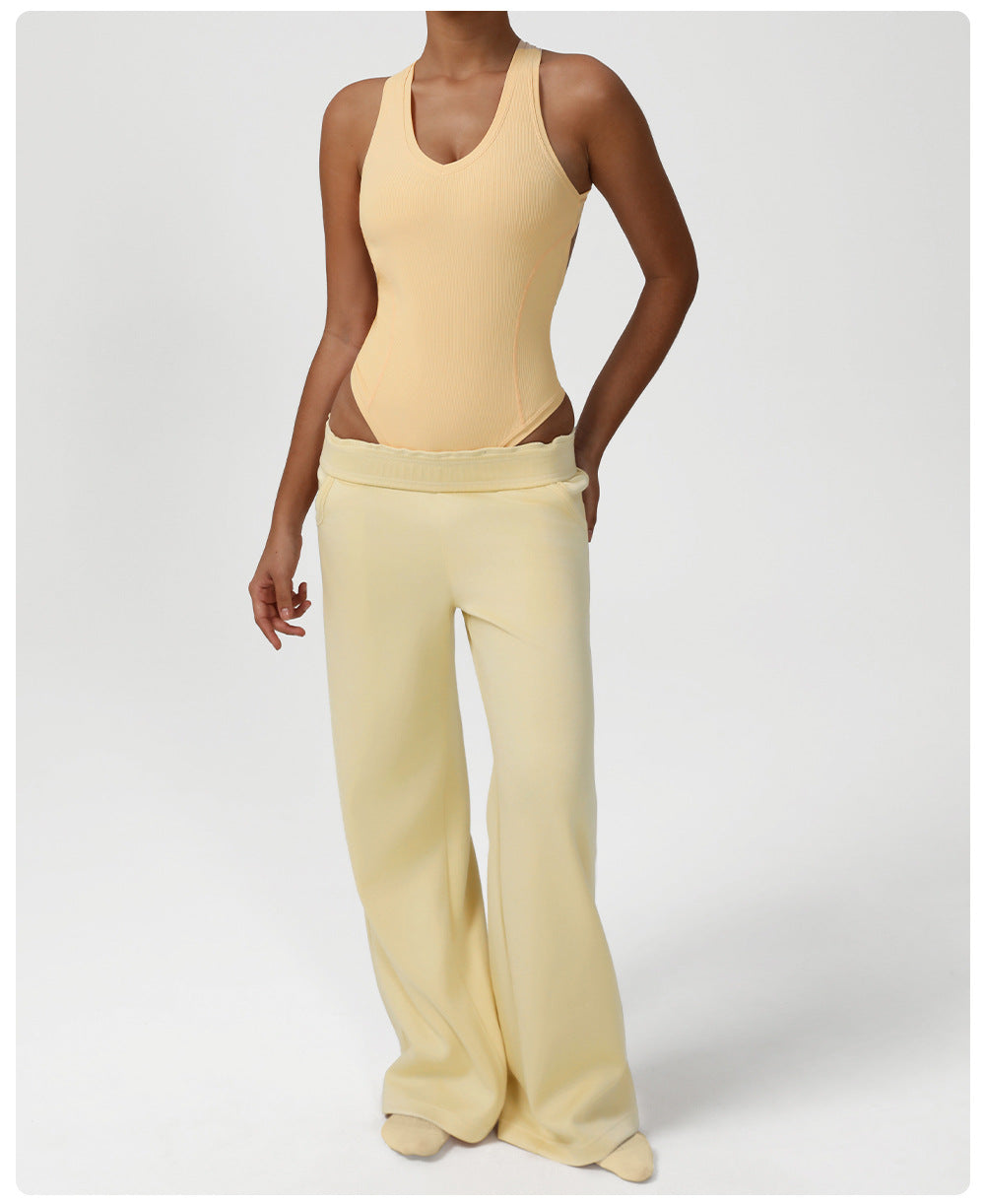 Langry yellow ribbed knit bodysuit with waist cutout, fashion ملابس