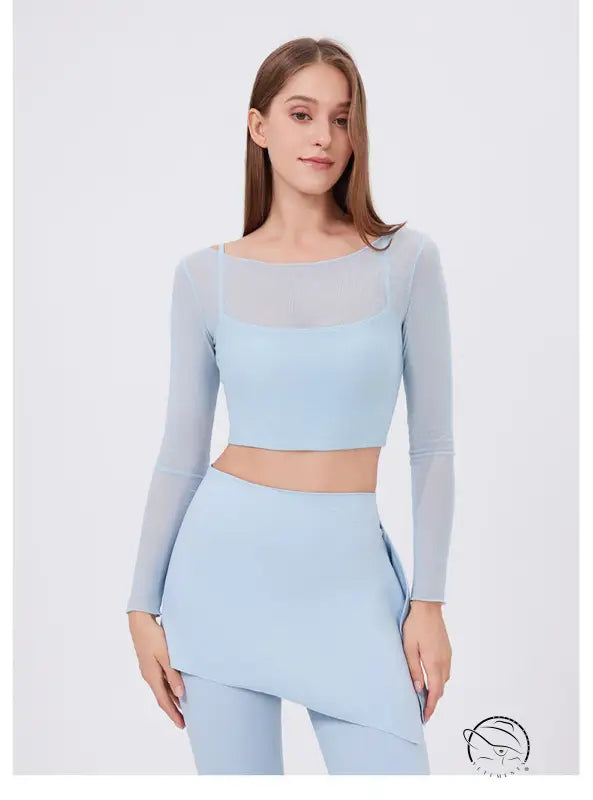Light blue faux two piece mesh sports long sleeve cropped top with sheer panels