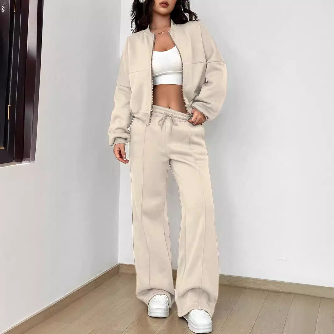 Beige tracksuit with white crop top from Trendy Cardigan Two Piece Set in modern fashion ملابس