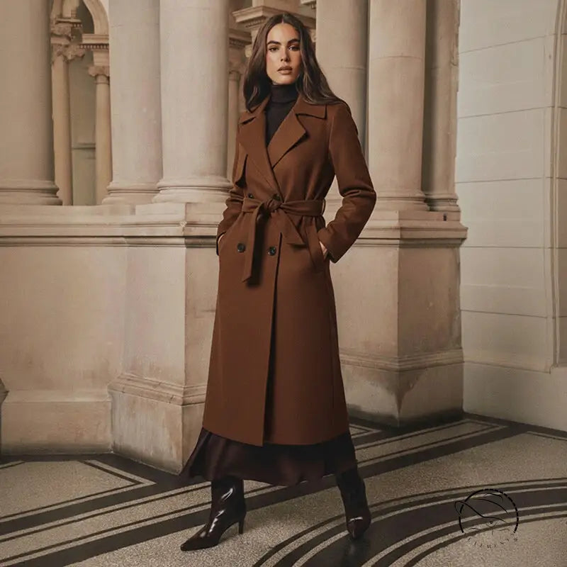 Elegant langry fashion woolen trench coat in rich brown