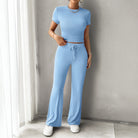 Light blue langry fashion yoga two-piece set with short top and flared pants
