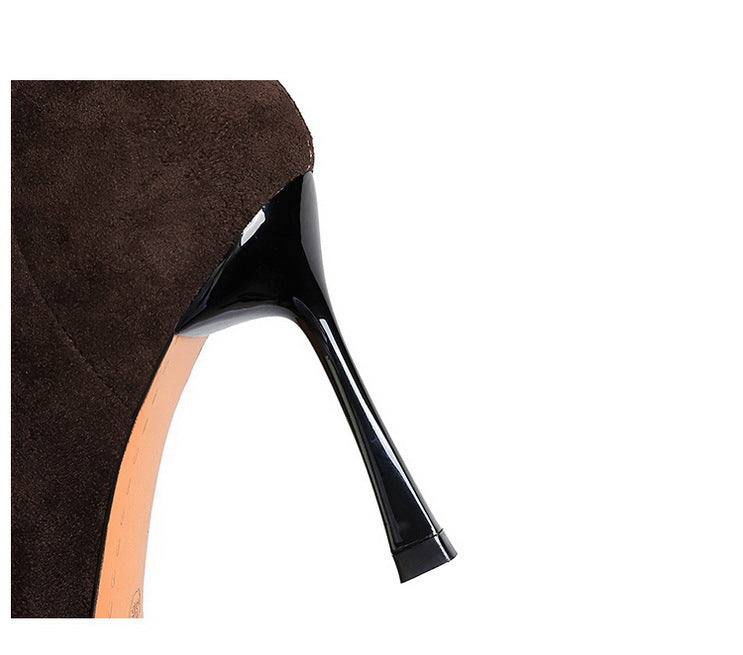 Elegant brown suede langry fashion boot with glossy black stiletto heel