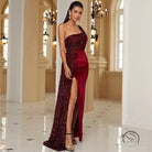 Elegant long sequined burgundy one-shoulder gown with high slit