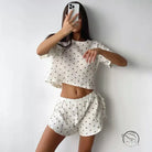White summer cotton linen two-piece loungewear with heart prints and slit shorts