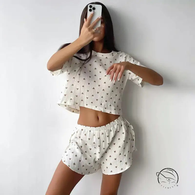 White summer cotton linen two-piece loungewear with heart prints and slit shorts
