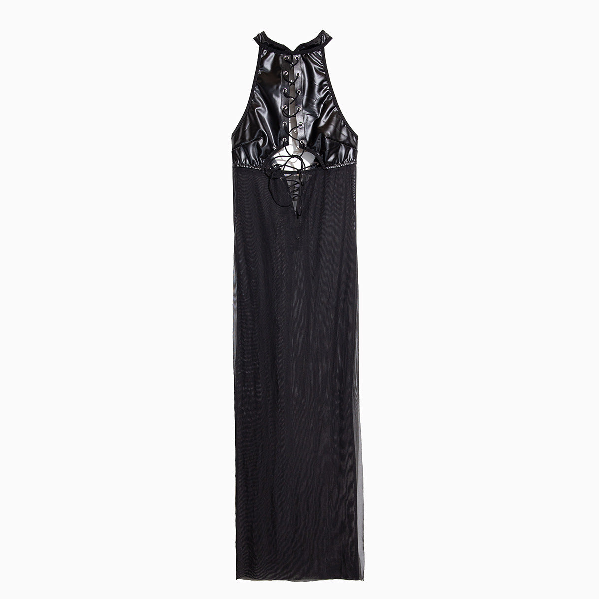 Black patent leather halter maxi dress with skull chest design by Langry fashion