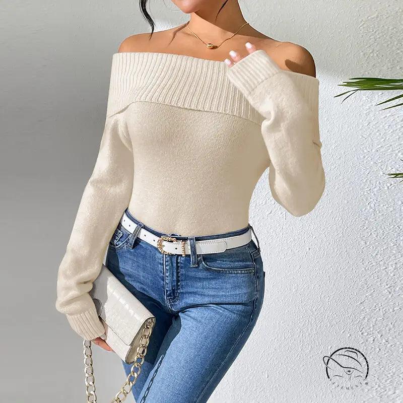 Off-the-shoulder knitted solid color bottoming sweater