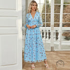 Elegant high waist v neck light blue floral maxi dress in langry fashion ملابس