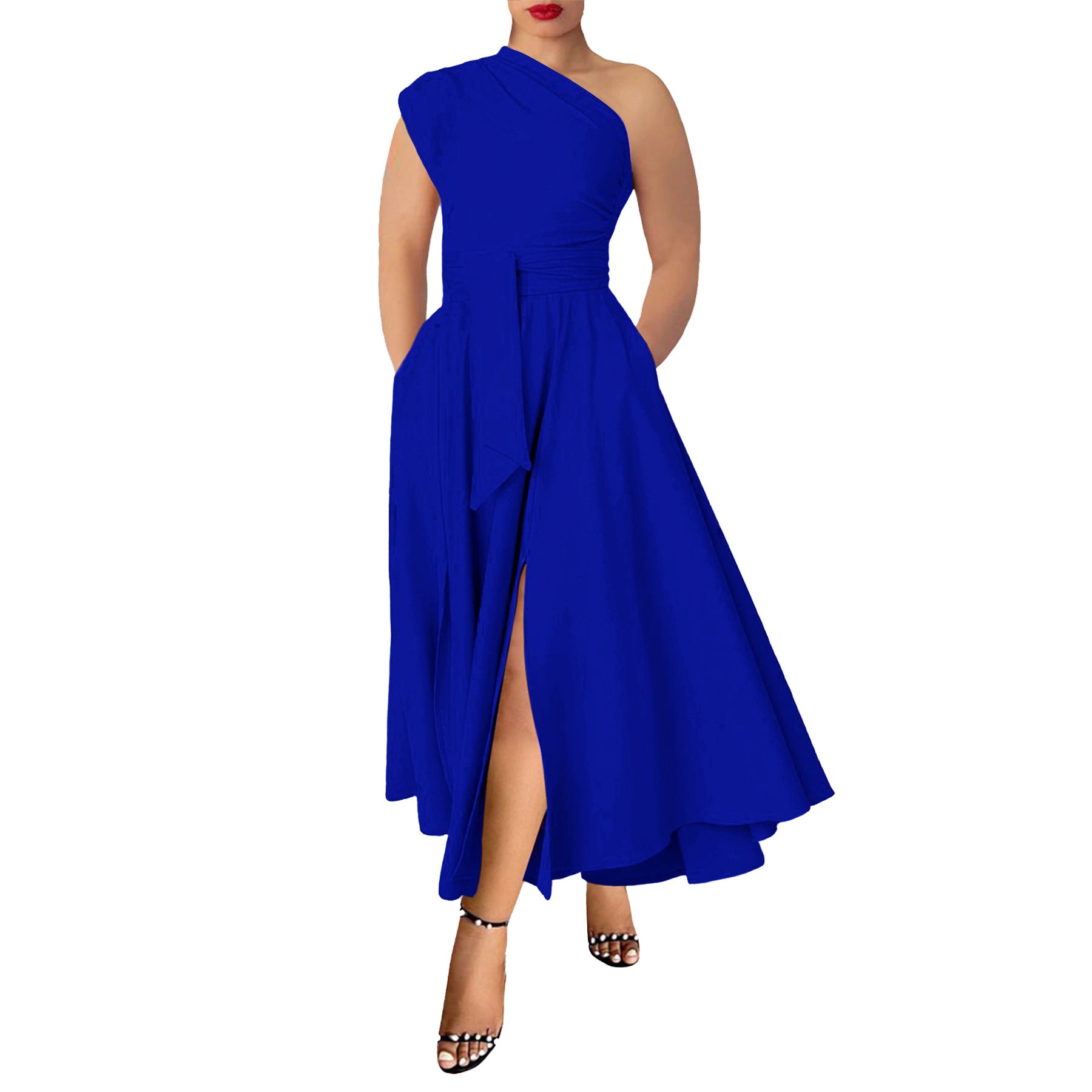 Royal blue one-shoulder waist tight swing maxi dress with slit and pockets