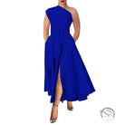 Royal blue waist tight swing maxi dress with one-shoulder slit