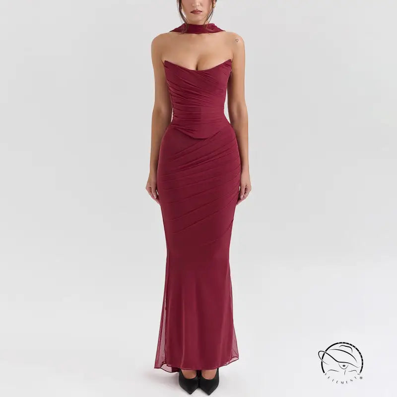 Burgundy strapless gown in high grade skinny sheath skirt set