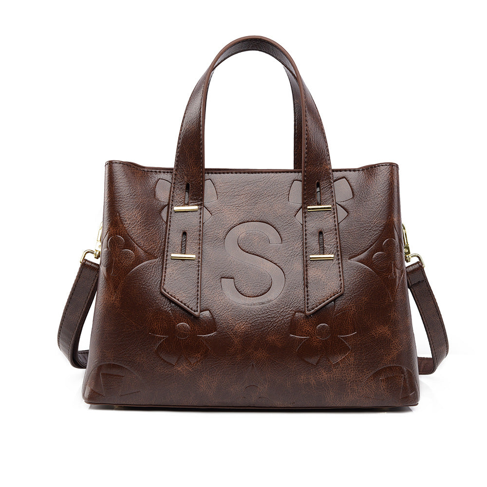 High-grade soft leather Langry fashion tote bag with embossed S and floral pattern