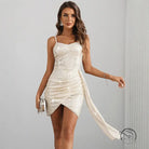 Enchanting langry fashion backless short white cocktail dress with spaghetti straps and asymmetric wrapped skirt
