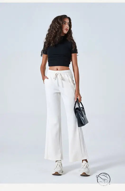 White summer air layer drawstring pants with black crop top