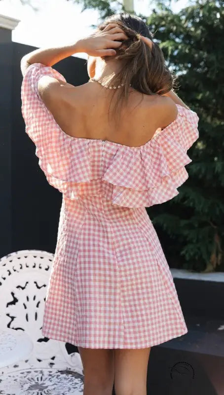 Elegant Plaid Off-shoulder Ruffled Collar Dress