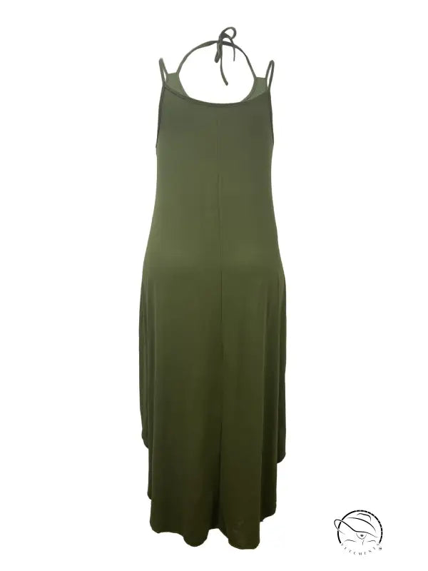Vacation casual halter spaghetti straps dress in dark olive green