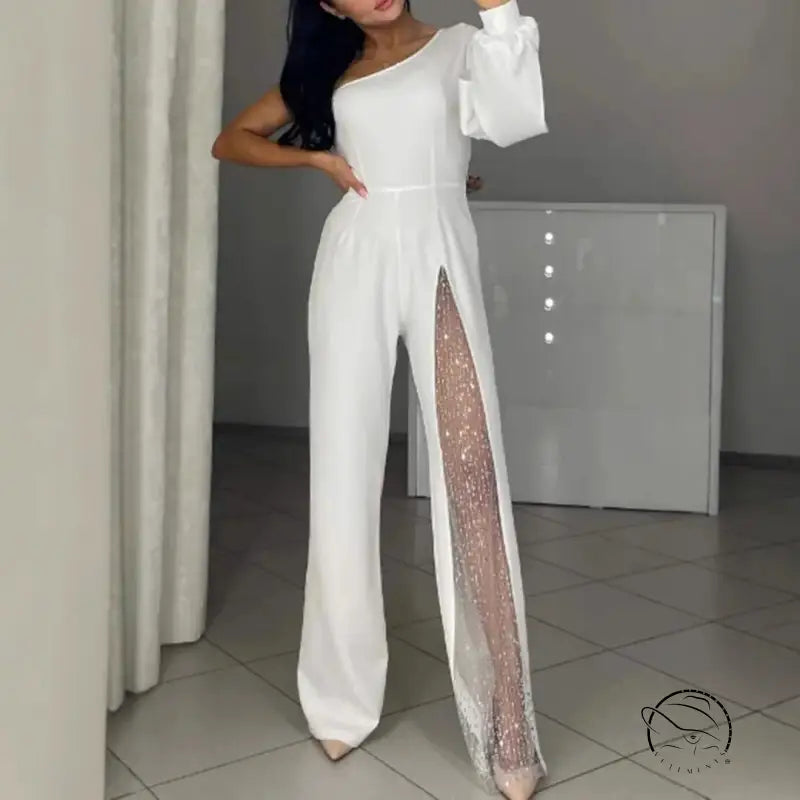 Elegant white one-shoulder fall high slit jumpsuit with sparkly slit