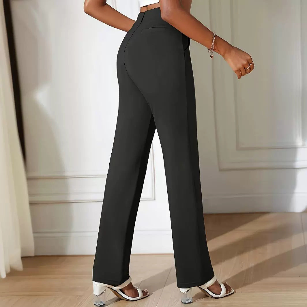 Black high-waisted straight-leg dress pants for casual office fashion by Langry