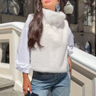 Langry white faux fur vest with high plush collar, fashion sleeveless top