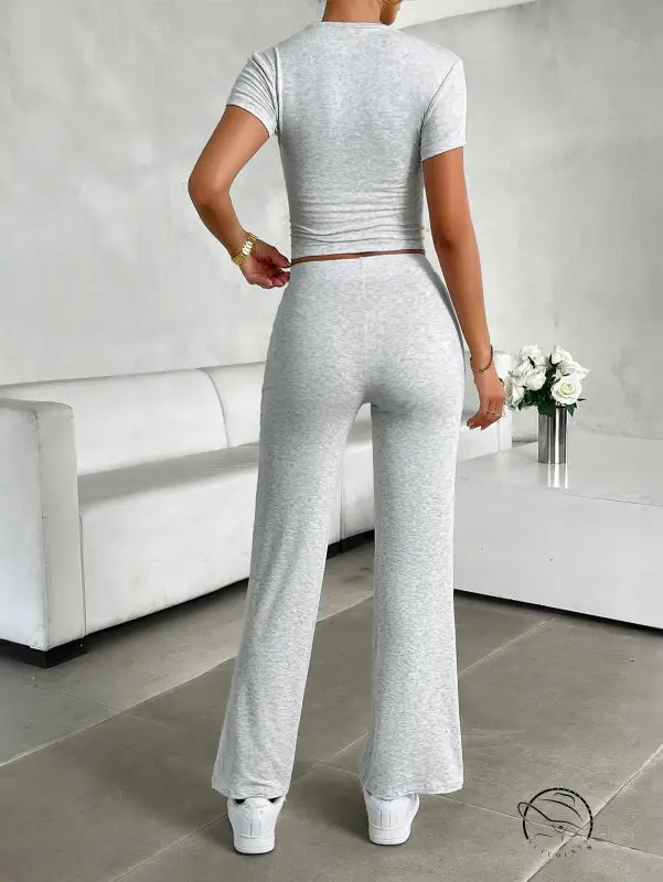 Gray heathered langry fashion two-piece loungewear set with cropped top and wide-leg pants