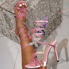 Pink langry fashion stiletto heel sandals with rhinestone bow and floral embellishments