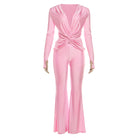 Pink satin long sleeve jumpsuit with front twist and high waist design