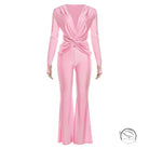 Elegant long sleeve pink satin jumpsuit with front twist design