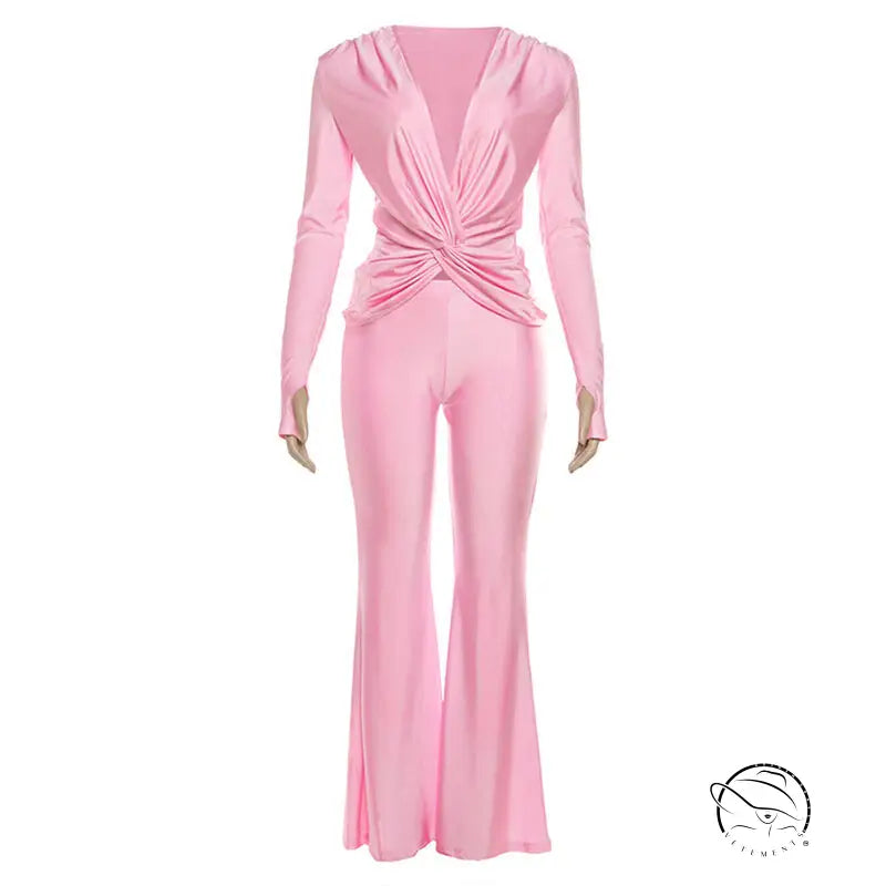 Elegant long sleeve pink satin jumpsuit with front twist design