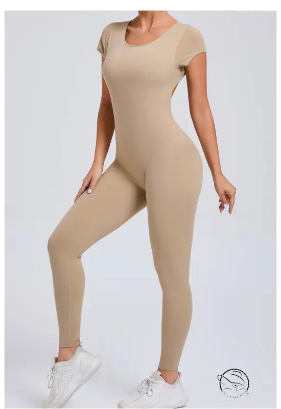 Beige form-fitting langry yoga bodysuit for fashion ملابس