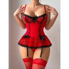 Valentine Day red lace corset lingerie with black bows, fishnet stockings