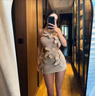 Beach holiday halter floral dress in beige with floral appliques, mirror selfie