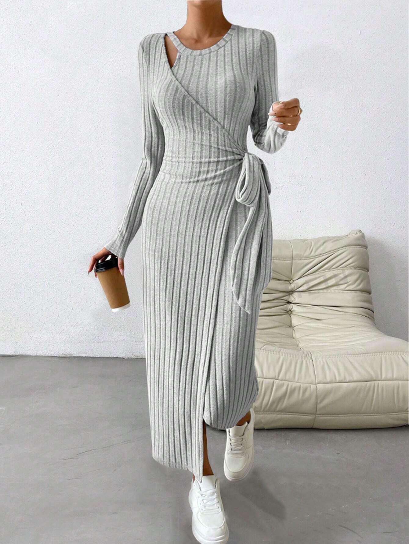 Stylish gray ribbed knit maxi dress with long sleeves and side slit