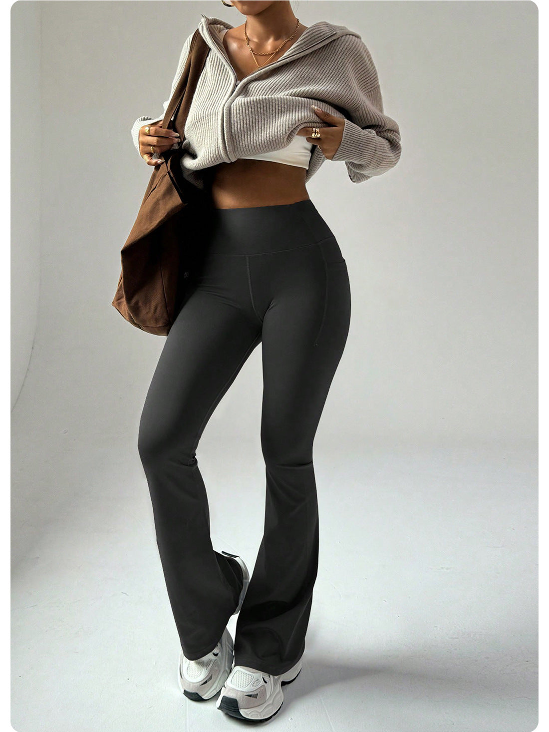 Black high-waisted flared langry yoga pants in fashion style