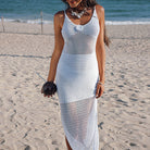 White crochet beach dress featuring a mesh design, stylish for Langry fashion ملابس