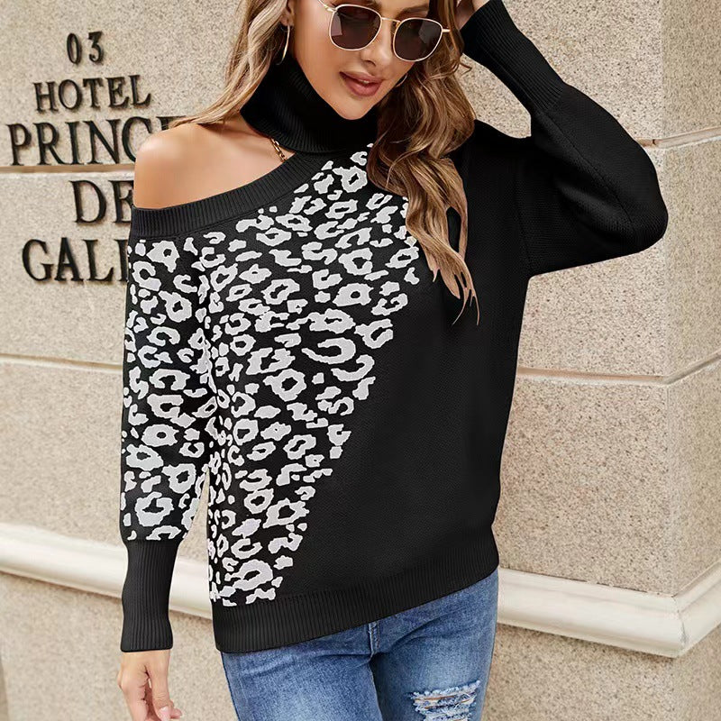 Langry fashion leopard print off-the-shoulder sweater with high neck