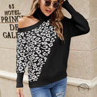 Black and white langry leopard print off-shoulder fashion sweater