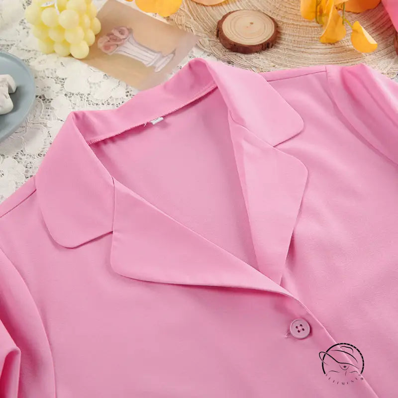 Soft pink satin langry blouse with classic collar in fashion pajamas