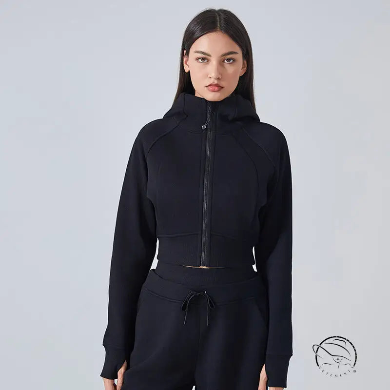 Black cropped hooded cardigan sweater in zip-up hoodie and sweatpants