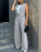 Elegant vest jacket wide leg pants set in gray for women