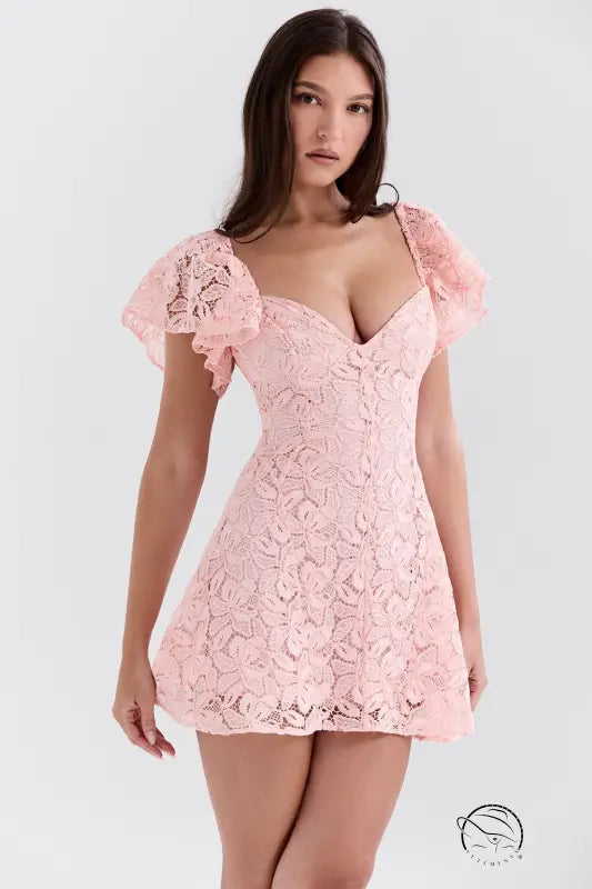 Elegant daily short dress in pink lace with puff sleeves